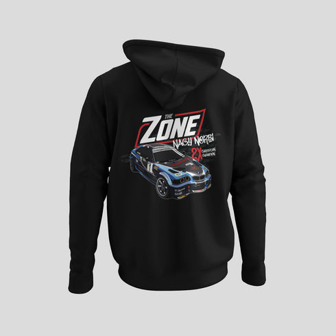 The Zone - Kapucnis pulcsi mellkas logóval, hátul Nagy Norbi 2x European Champion grafika